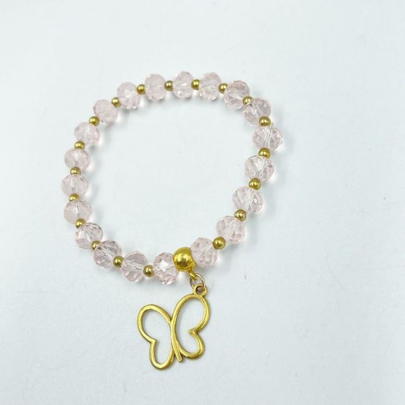 Women Pink Cristal Bracelet Beads With Metal Butterfly Gold Tone - Picture 3 of 8